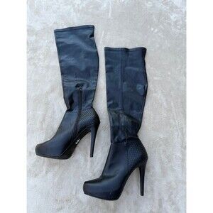 JLo Black Knee-High Platform Boots w/ Stiletto Heels, Zip Closure, stretchy sz 8